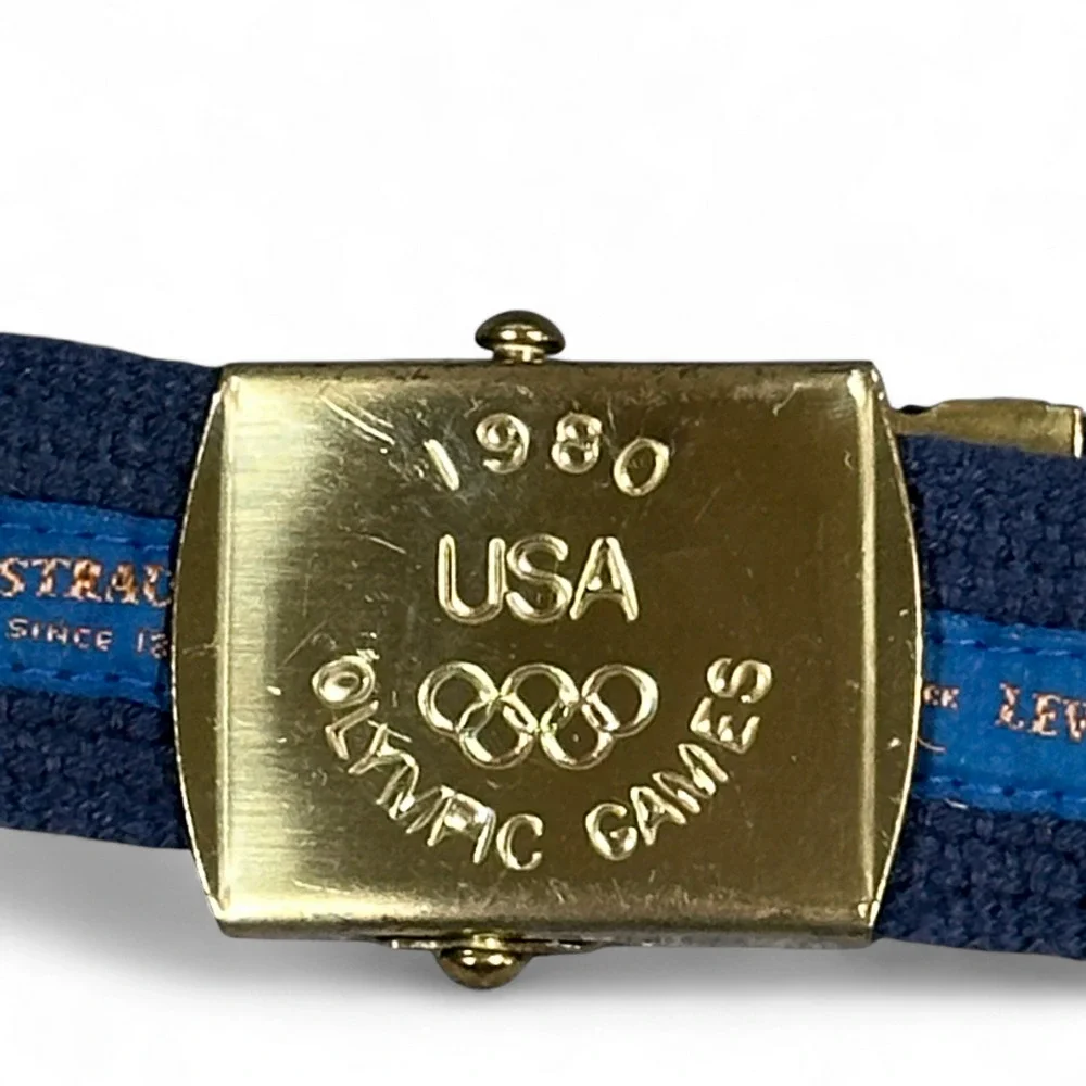 Vintage Levis Belt Mens 30 Blue Canvas Slide 1980 Olympic Games USA 80s